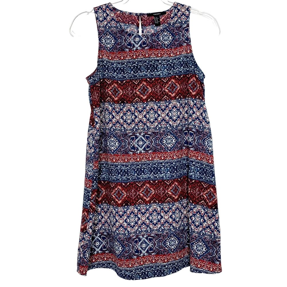 FOREVER 21 Printed Mini Tank Dress Crew Neck Batik-Pattern Multicolor Size XS